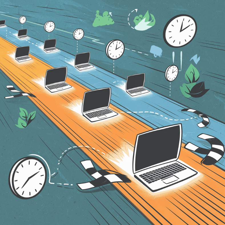 A race scene featuring multiple laptops, with one refurbished laptop glowing ahead of the pack. 