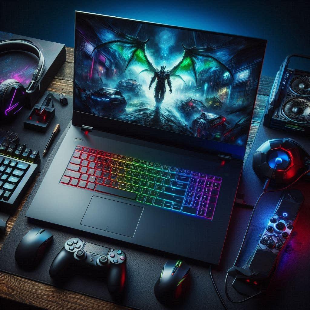A Gaming setup containing a gaming laptop and supporting gadgets.