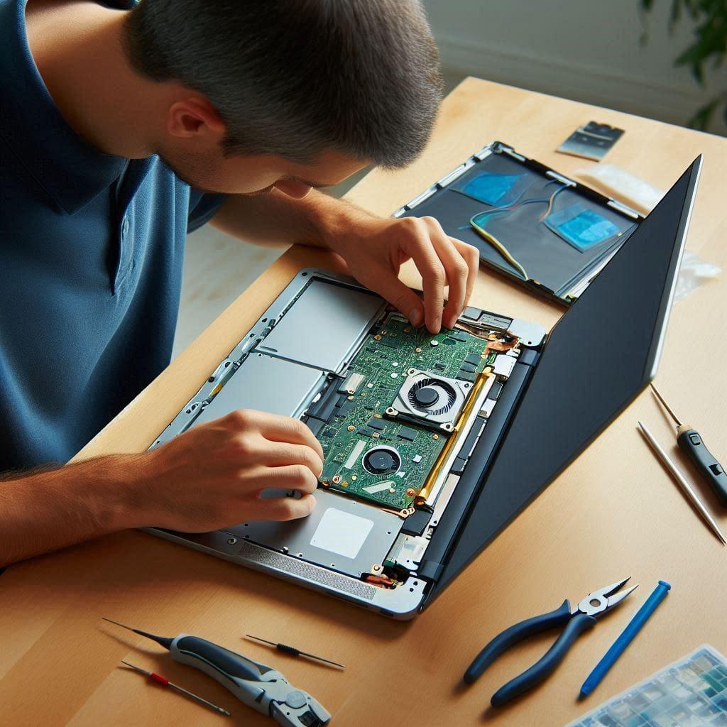 Image of a man repairing his laptop