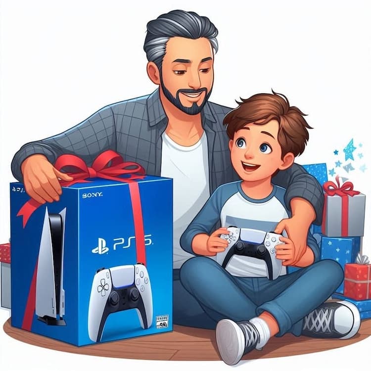 Image of a dad gifting his kid a playstation.