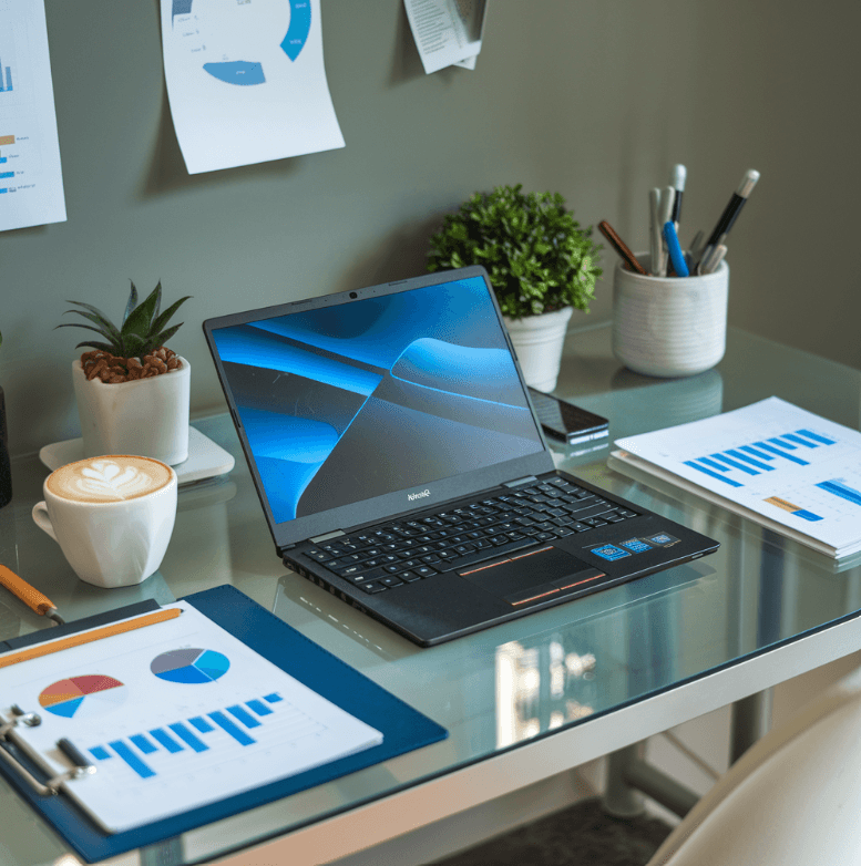 A professional workspace setup with a refurbished laptop on a clean desk