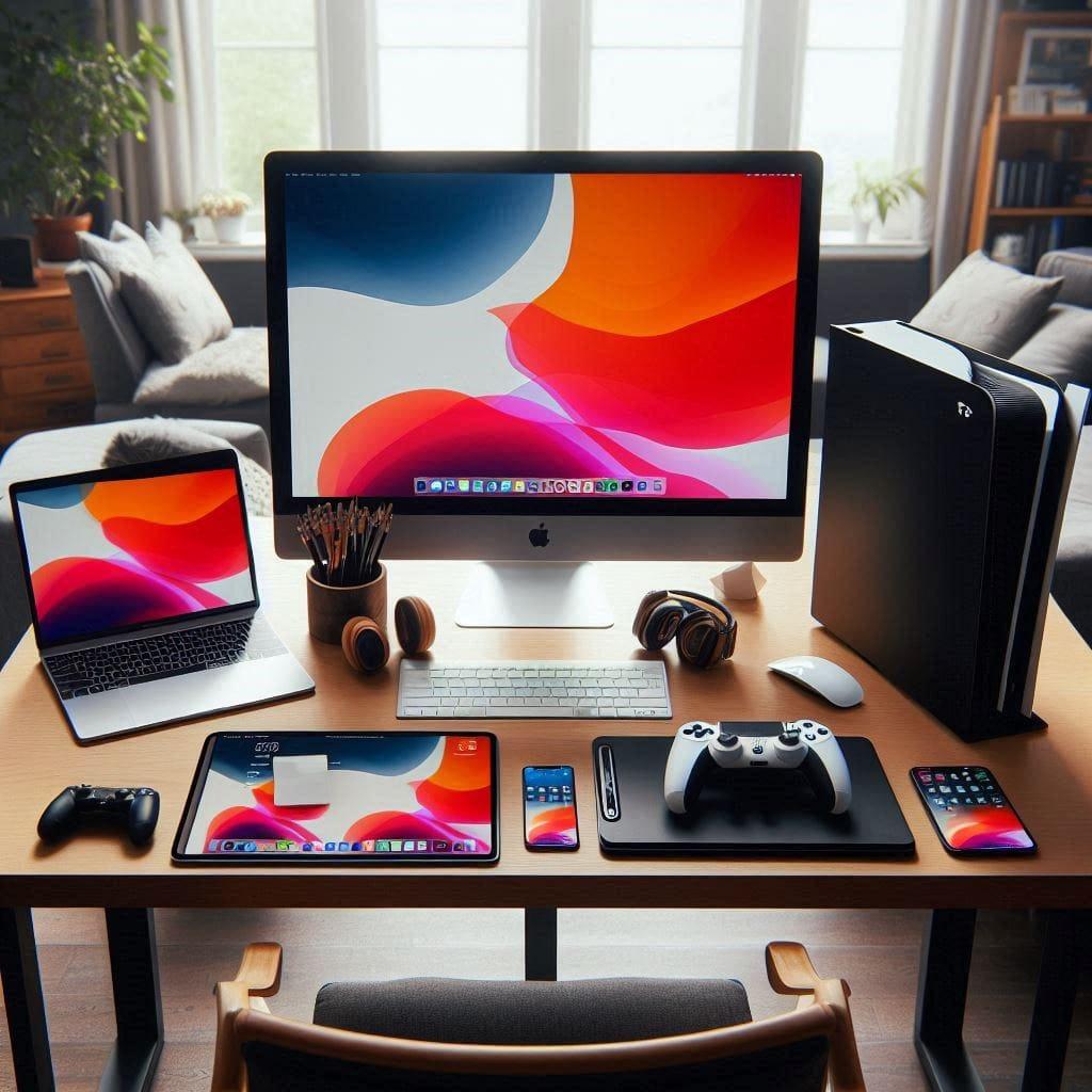 A desk setup featuring refurbished electronics