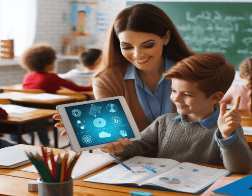 a teacher teaching concepts for its students on tablet in school