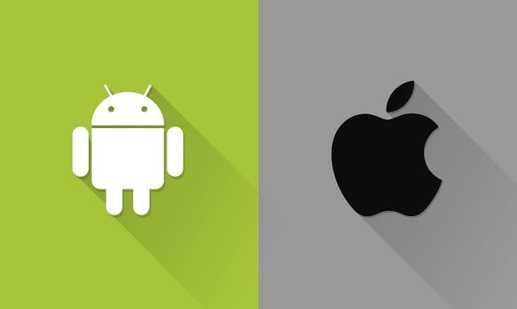 An image of android mascot and apple logo