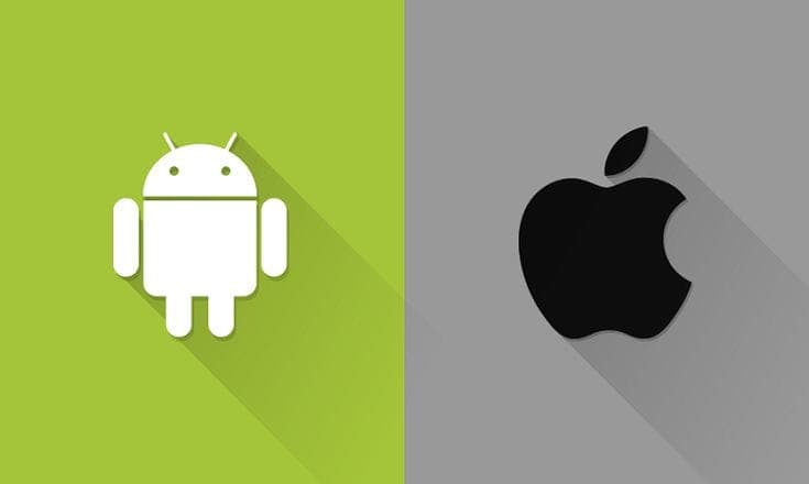 An image of android mascot and apple logo