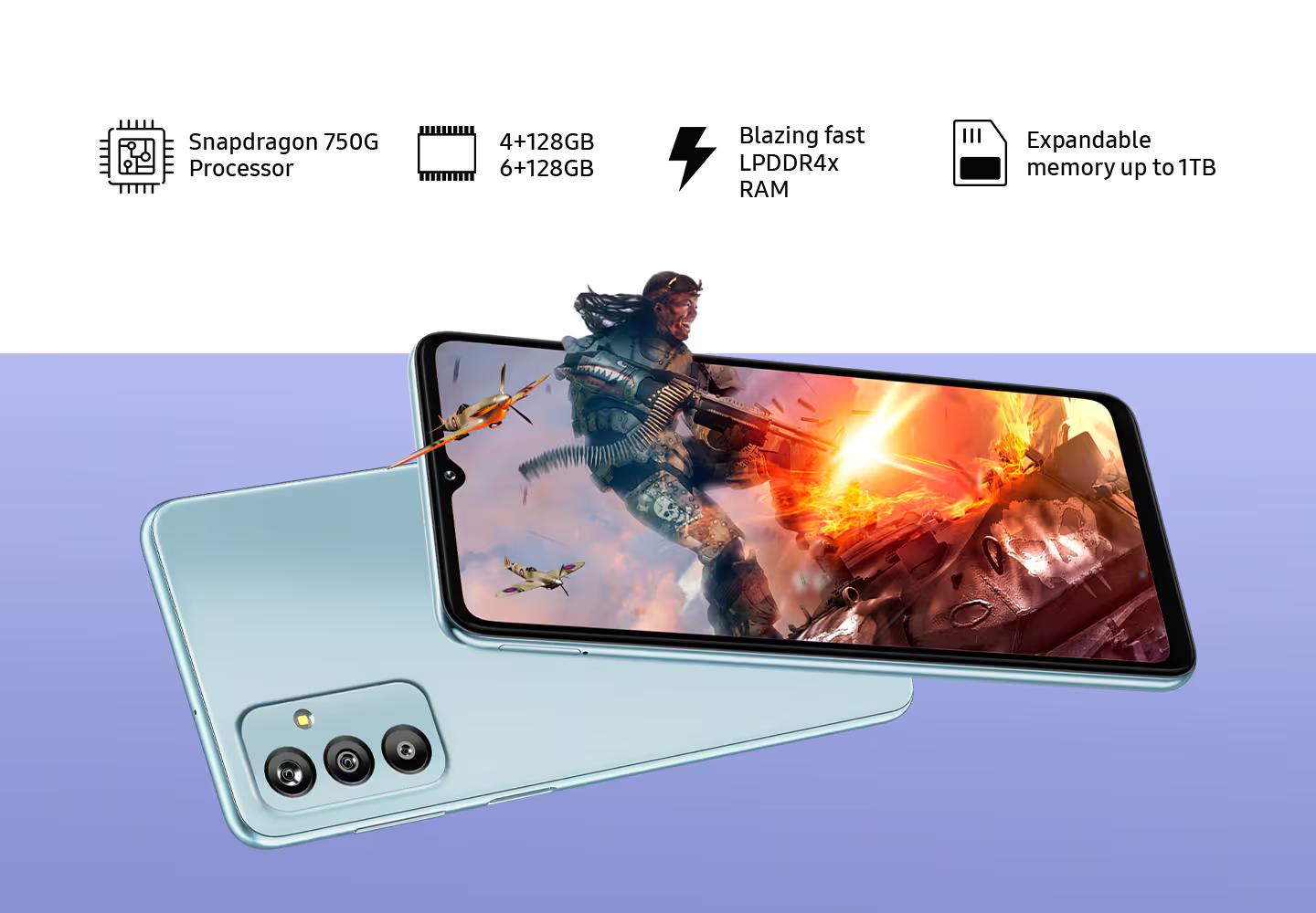 Samsung Galaxy F23 5G, showing off its large 120Hz display, triple rear cameras, and robust build