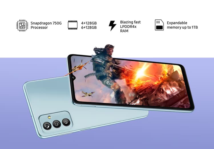 Samsung Galaxy F23 5G, showing off its large 120Hz display, triple rear cameras, and robust build