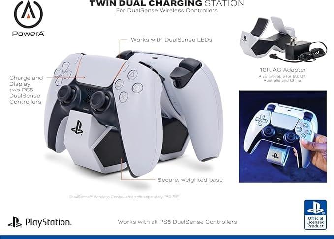  Sony DualSense Charging Station charging two PS5 controllers side by side.