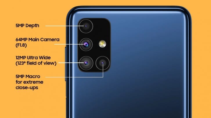 Samsung Galaxy M51’s quad-camera setup boasts a 64MP main sensor, 12MP ultra-wide, and 5MP macro and depth cameras for stunning photos and 4K videos