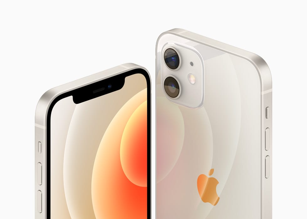 iPhone 12 mini smartphone in yellowish grey color showing the compact size and sleek design with dual rear cameras.